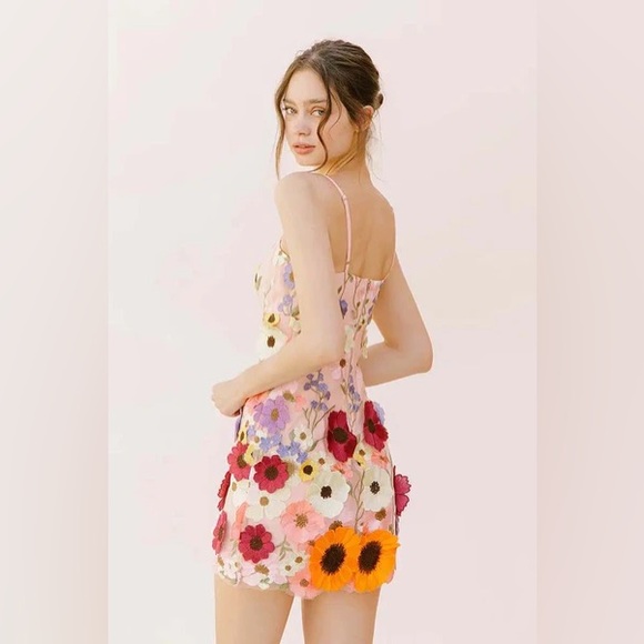 Storia Multi Floral Appliqué Mini Dress - Pink andYellow  NEW w/Tags!! - Picture 2 of 5